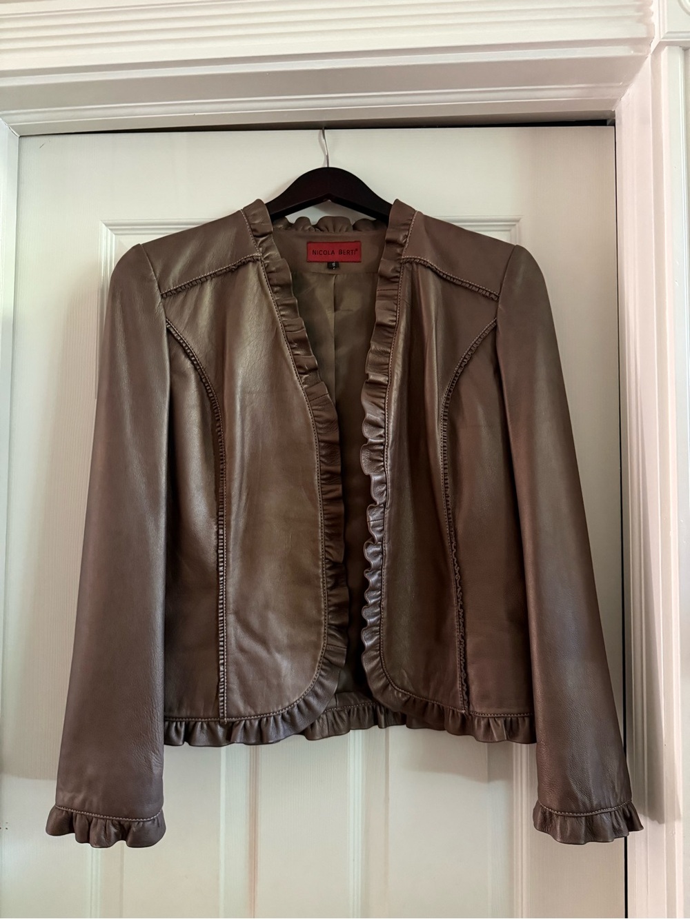 Stunning Nicola Berti Feminine Ruffle-Trim Bronze Leather Jacket